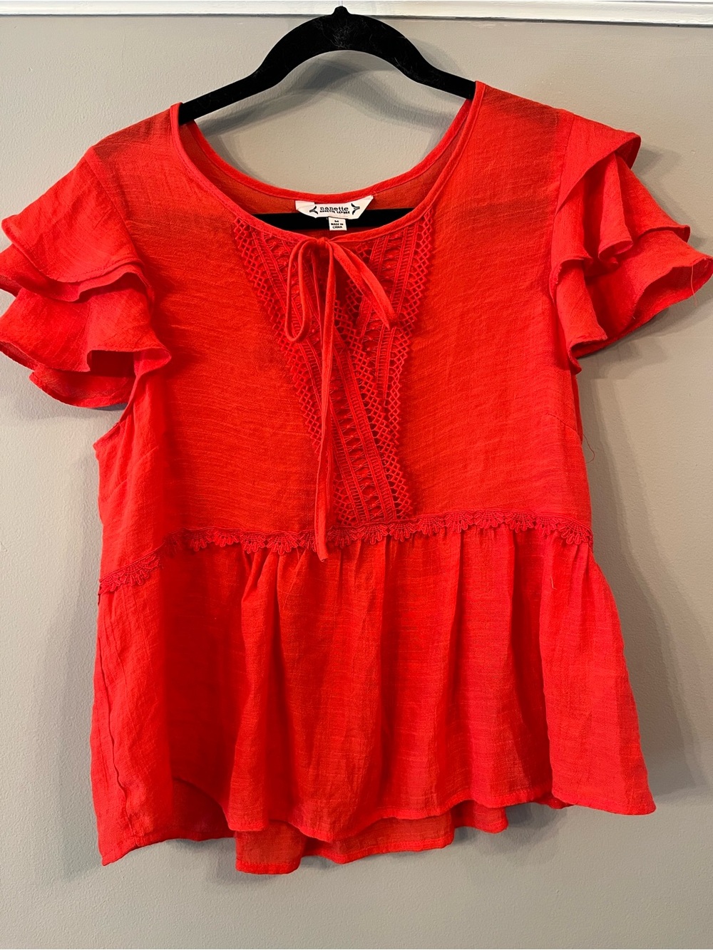 Nanette Lepore Red Ruffle Sleeve Peplum Tie-Front Top